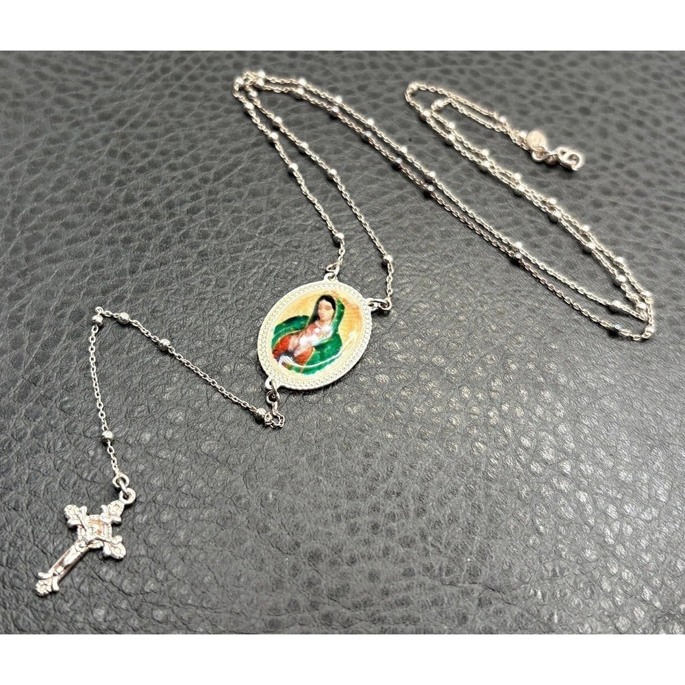 Vintage Dyadema Sterling Silver Rosary Enamel Mary Medal Necklace Pendant Cross